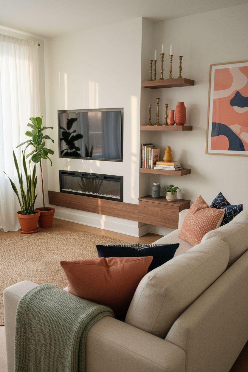 Electric fireplace ideas with Scandinavian design and colorful accents