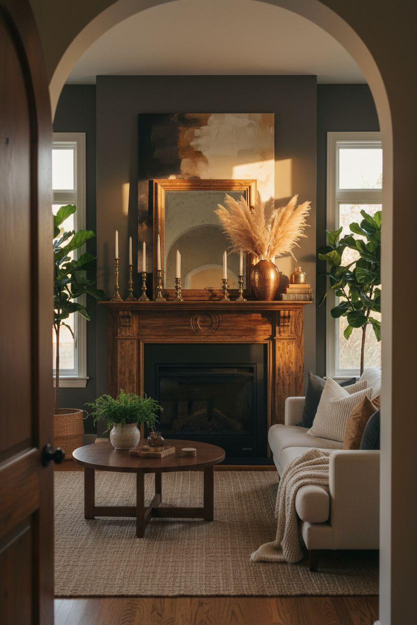 Electric fireplace ideas with vintage mantel and metallic accents