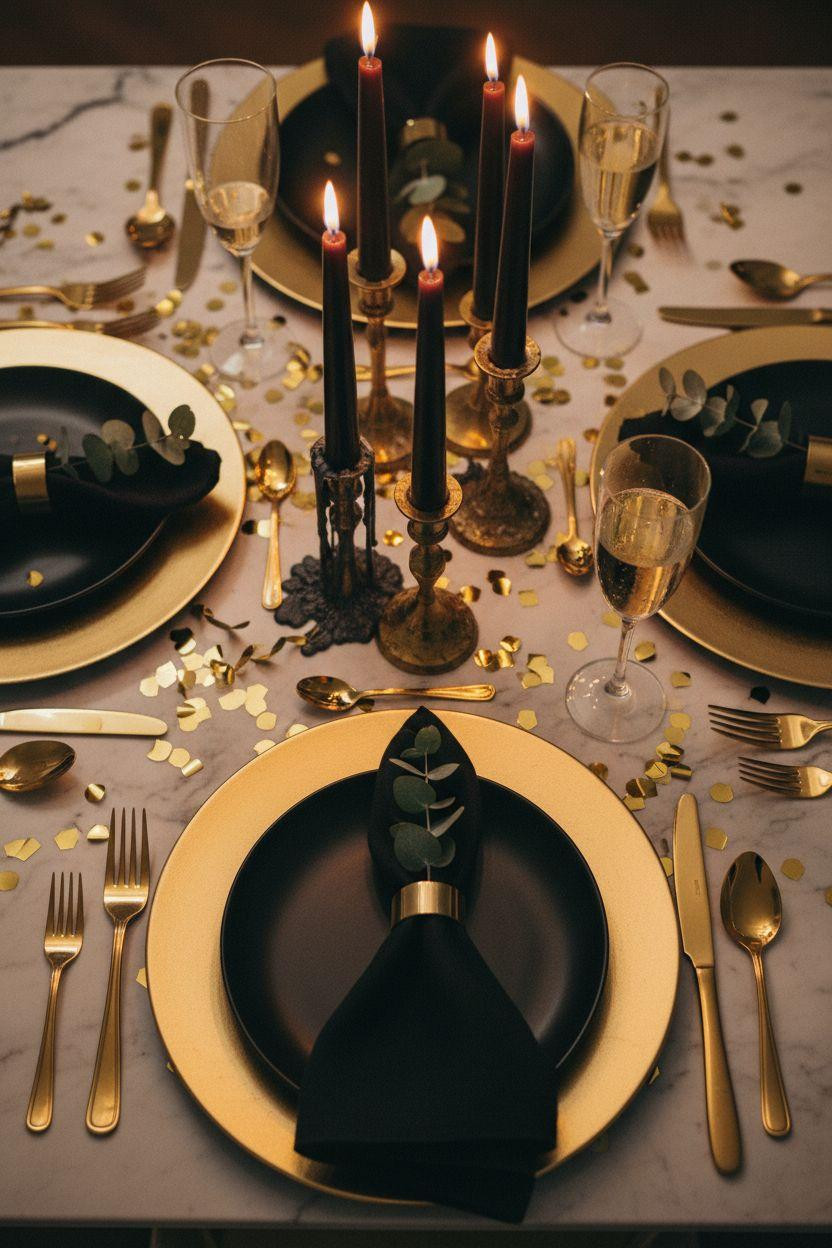 New Year table decoration with black and gold theme