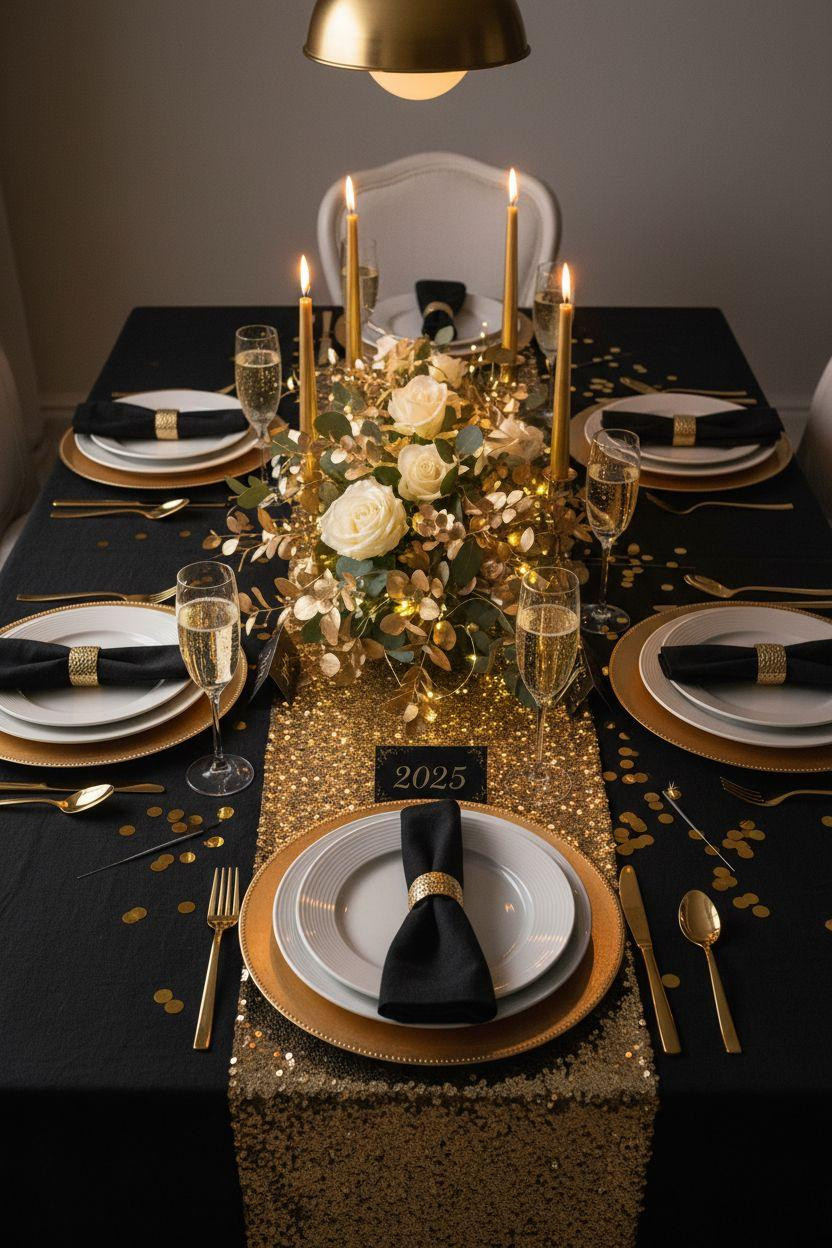 New Year table decoration with sequin runner