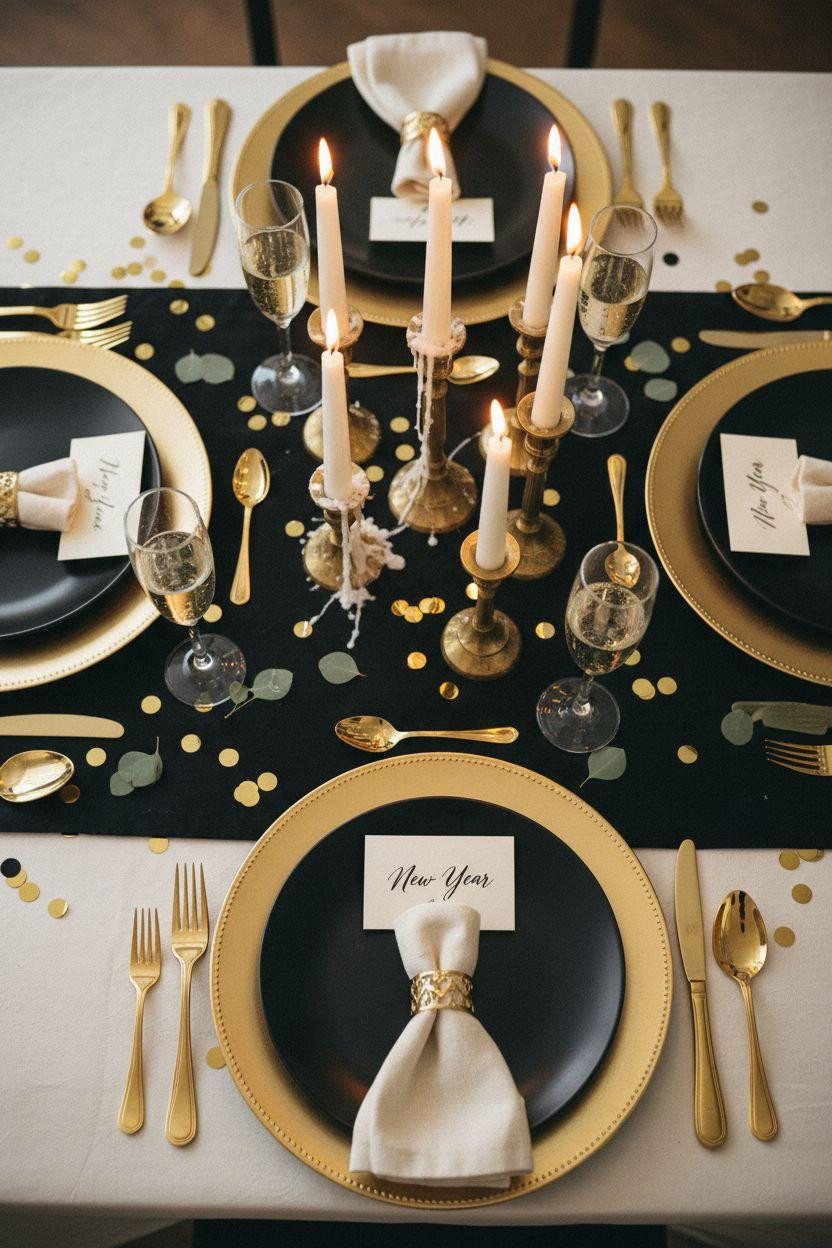 new year decorations ideas - elegant black and gold table setting