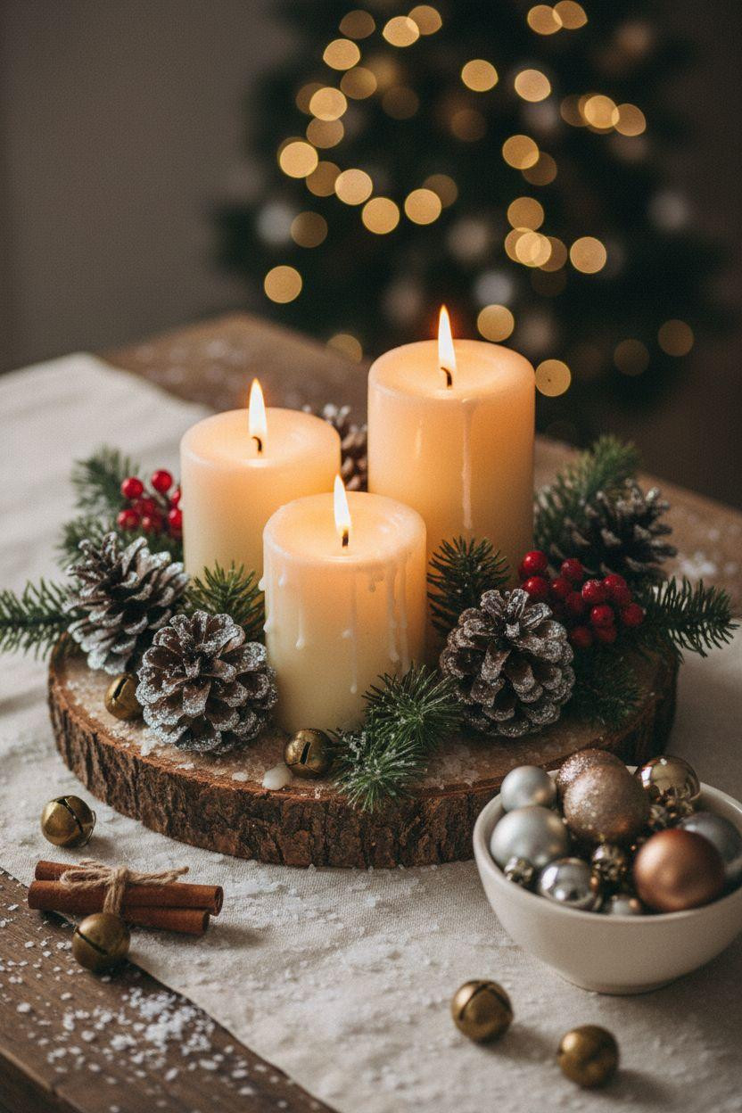 Holiday centerpieces for tables with pillar candle trio