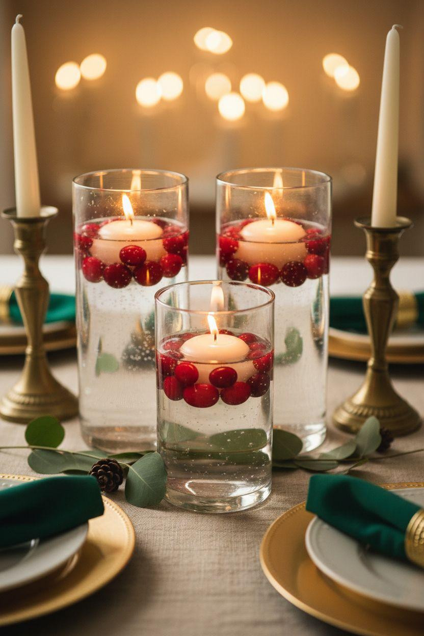 Holiday centerpieces for tables with cranberry-filled cylinder vases