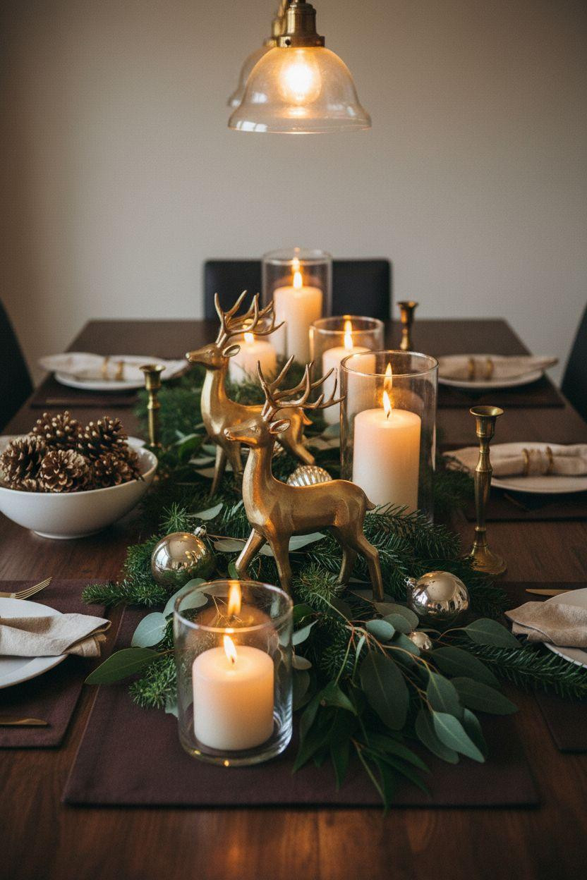 Holiday centerpieces for tables featuring metallic reindeer and candles