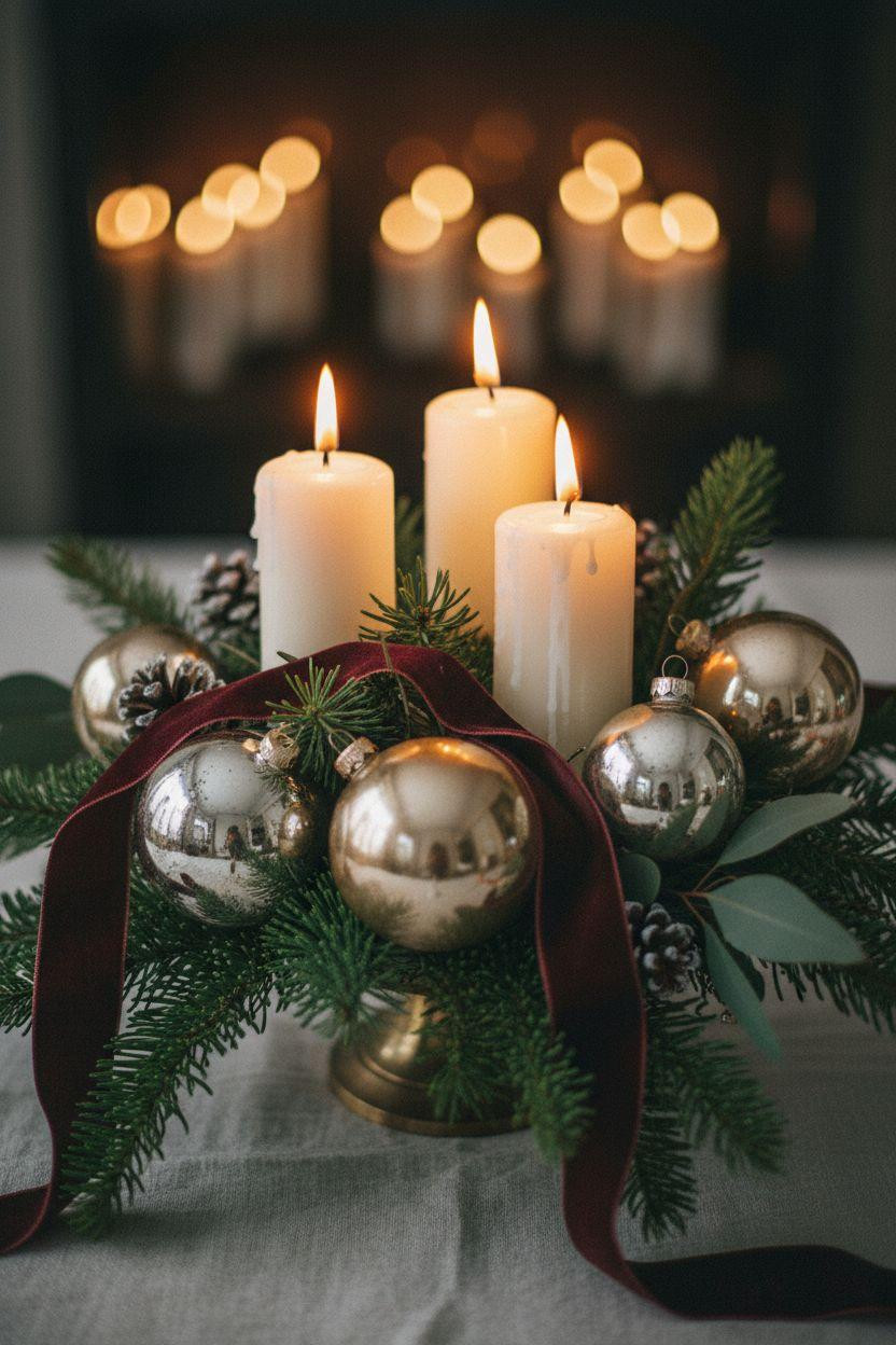 Holiday centerpieces for tables with mercury glass ornaments