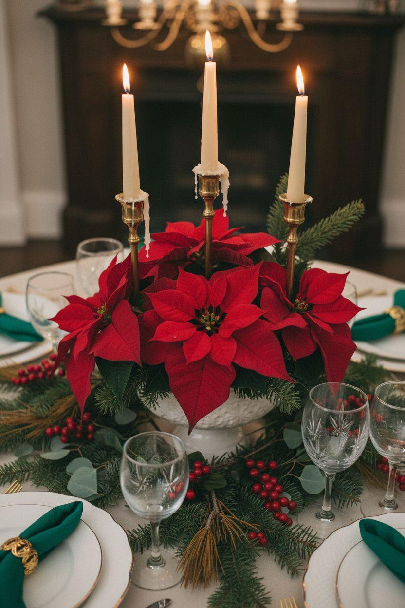 Holiday centerpieces for tables with red poinsettias and brass candlesticks