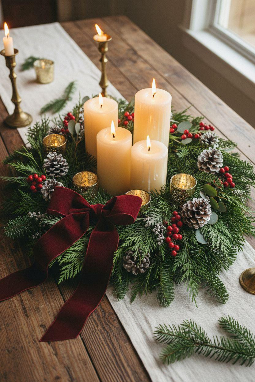 Holiday centerpieces for tables with evergreen wreath base