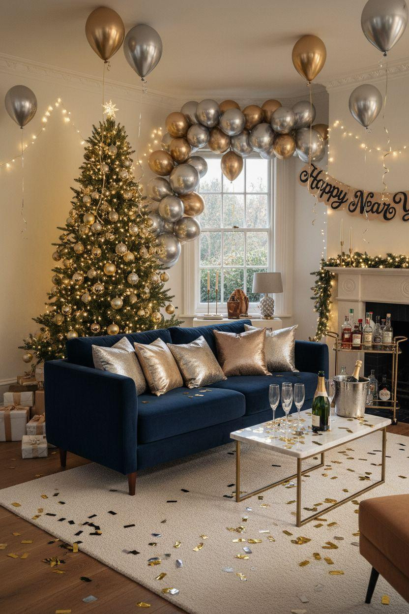 new year decorations ideas - navy sofa with Christmas tree and balloon garland