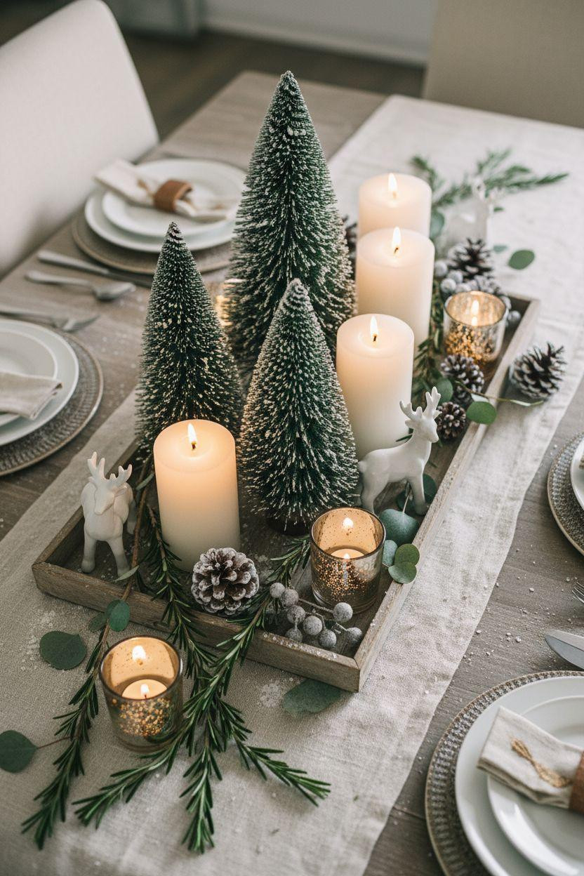 Holiday centerpieces for tables with frosted miniature trees