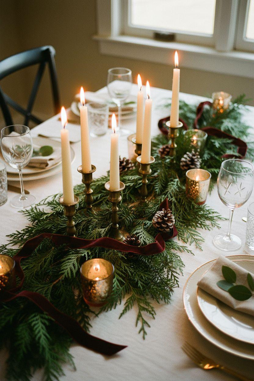 Holiday centerpieces for tables with brass candlesticks and evergreen garland