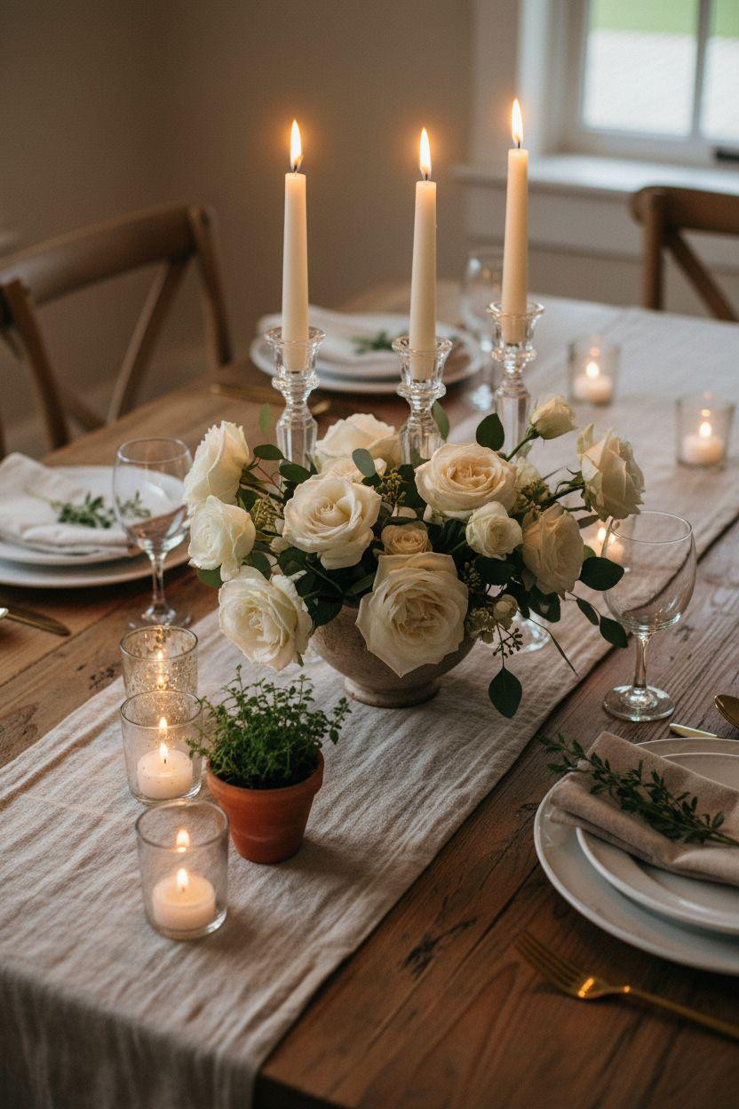 Dining room table centerpiece ideas with crystal candleholders and white roses