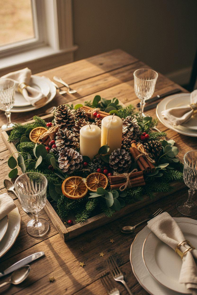 Holiday centerpieces for tables with weathered wooden tray and natural elements