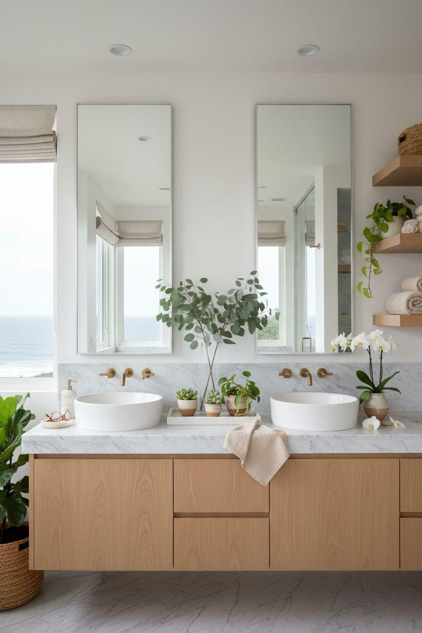 Double Sink Bathroom Vanity - botanical styling with potted plants and natural light
