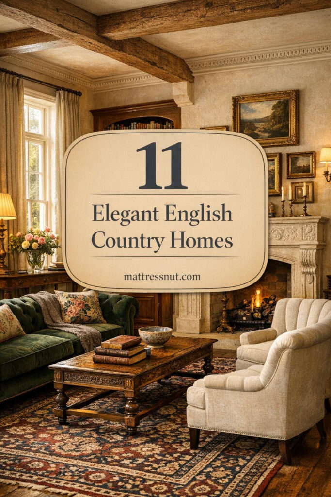 Timeless drawing room in an English country house featuring a deep green velvet Chesterfield sofa before a carved limestone fireplace, cream plaster walls with crown molding, antique Persian rug, tufted armchairs, tall windows with Belgian linen drapery, oil paintings, brass sconces, oak beams, and built-in bookcases for sophisticated ambiance.