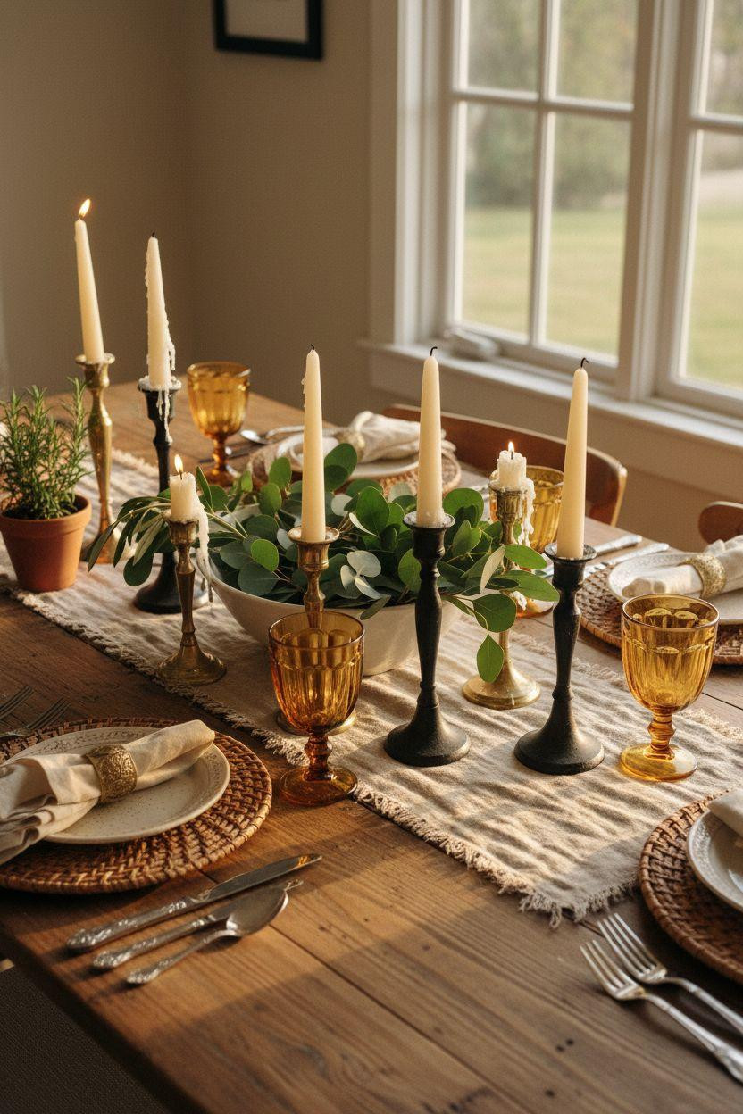 Dining room table centerpiece ideas with mixed brass and iron candlesticks
