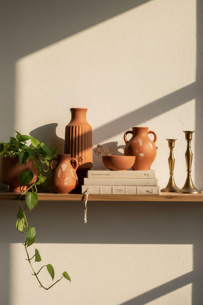 Shelf Decor Living Room - floating shelf with asymmetric terracotta ceramics and brass candleholders