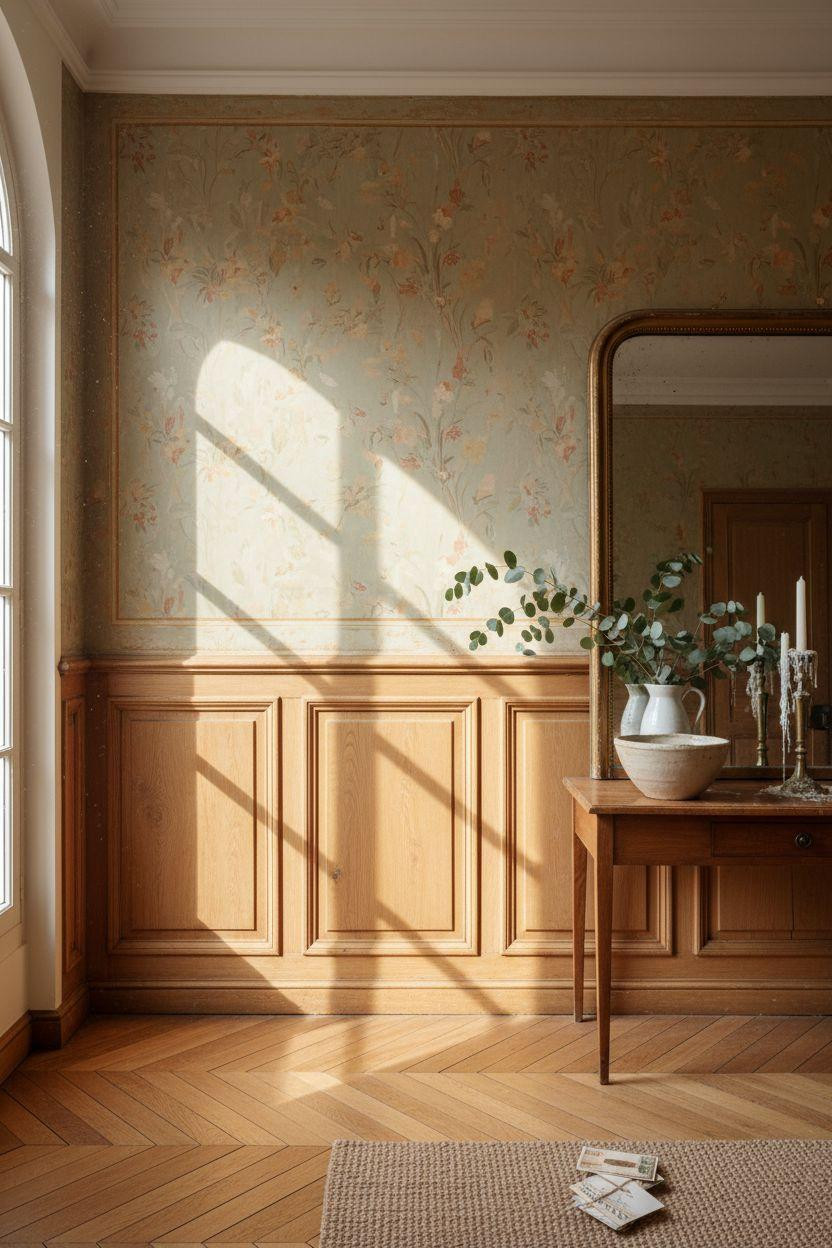 wainscoting styles - historic parisian entry with oak