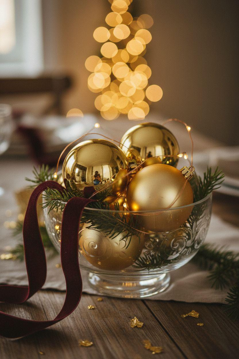 Holiday centerpieces for tables featuring gold ornaments and fairy lights in glass bowl