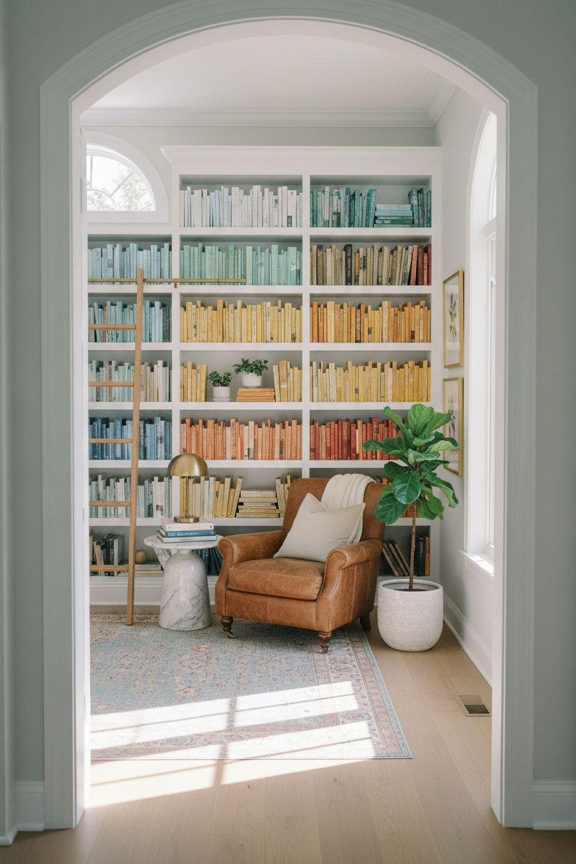 Dream Home Library Ideas - bright white shelves with cognac chair
