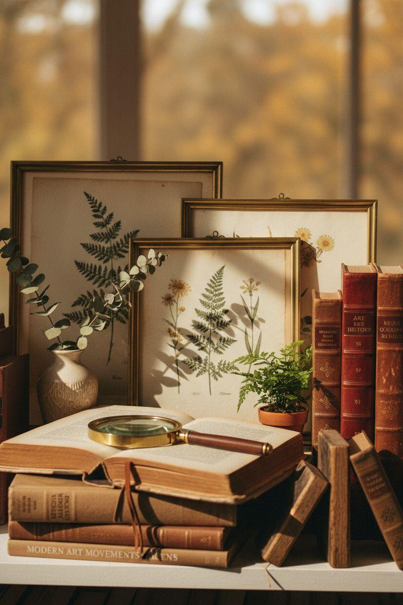 Small Home Library Ideas - botanical prints on library shelf