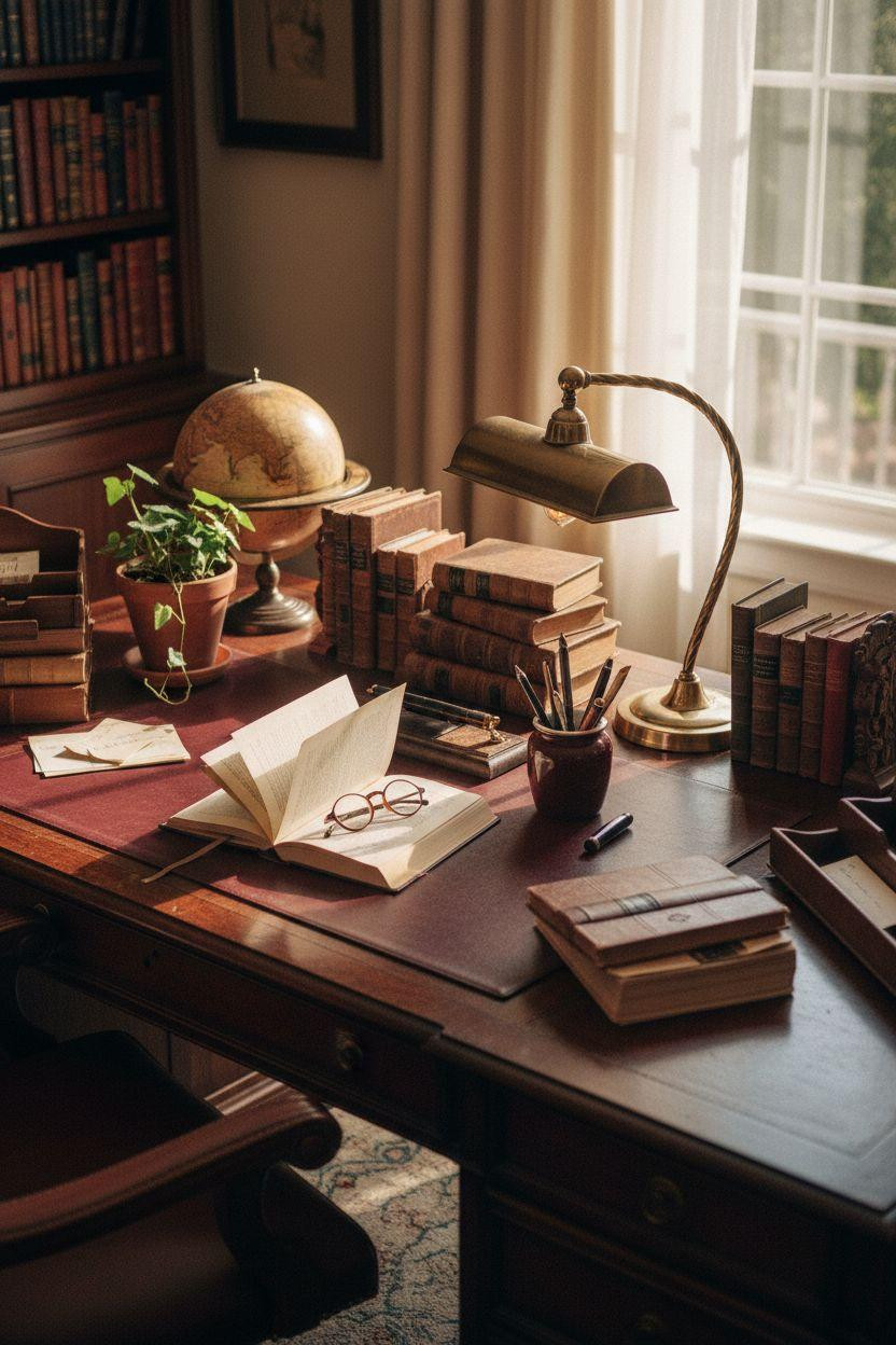 Home Library Rooms Ideas - refined desk with leather journal and brass lamp