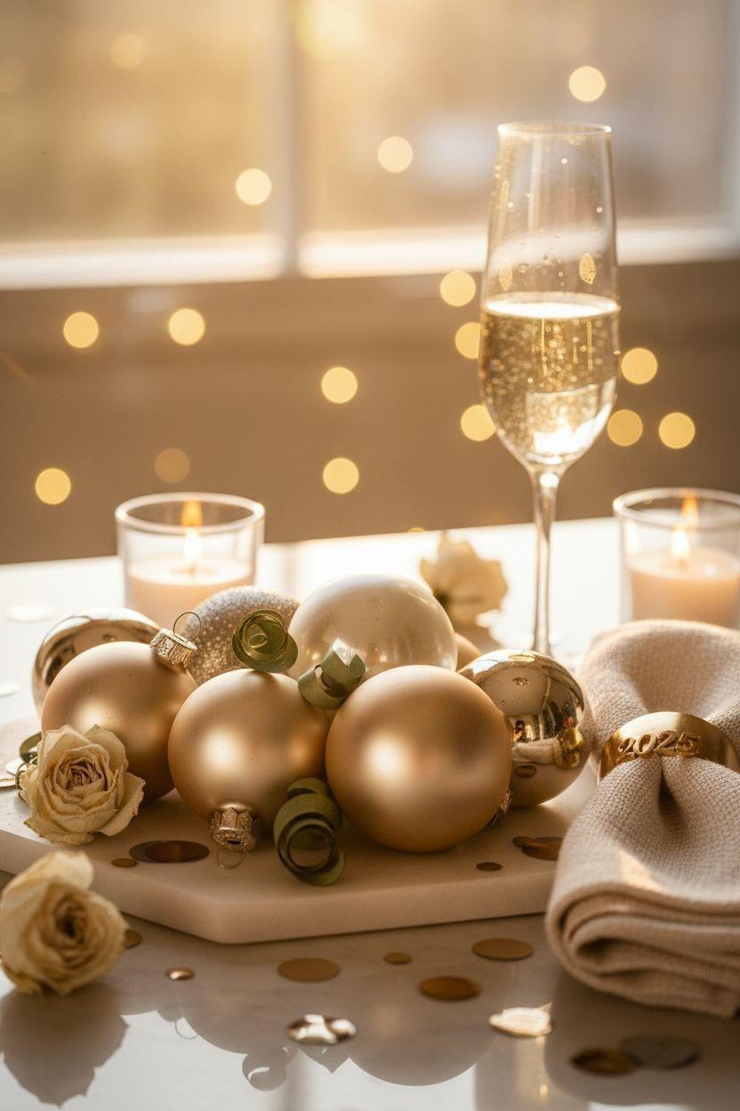 new year decorations ideas - glass ornaments with champagne and eucalyptus