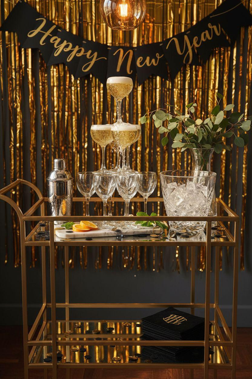 new year decorations ideas - champagne tower on gold bar cart