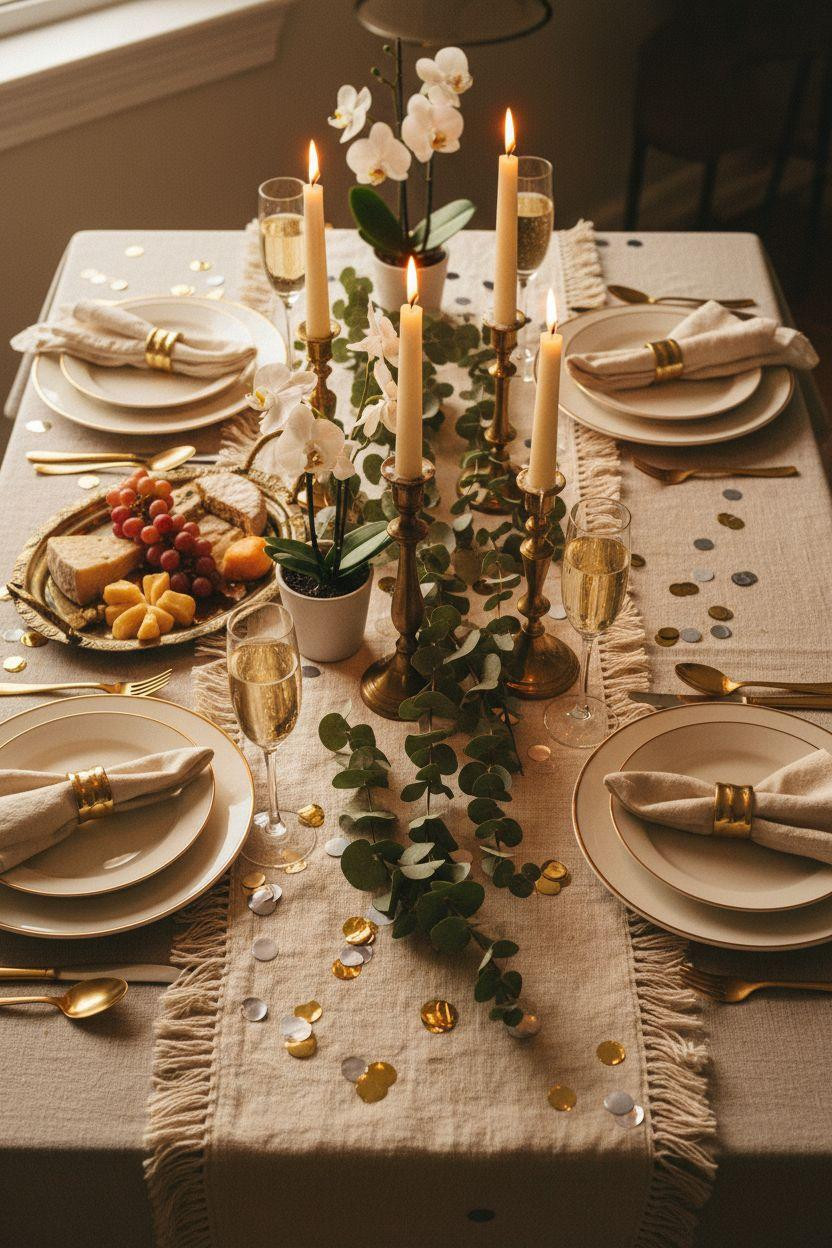 New Year table decoration with layered cream linens