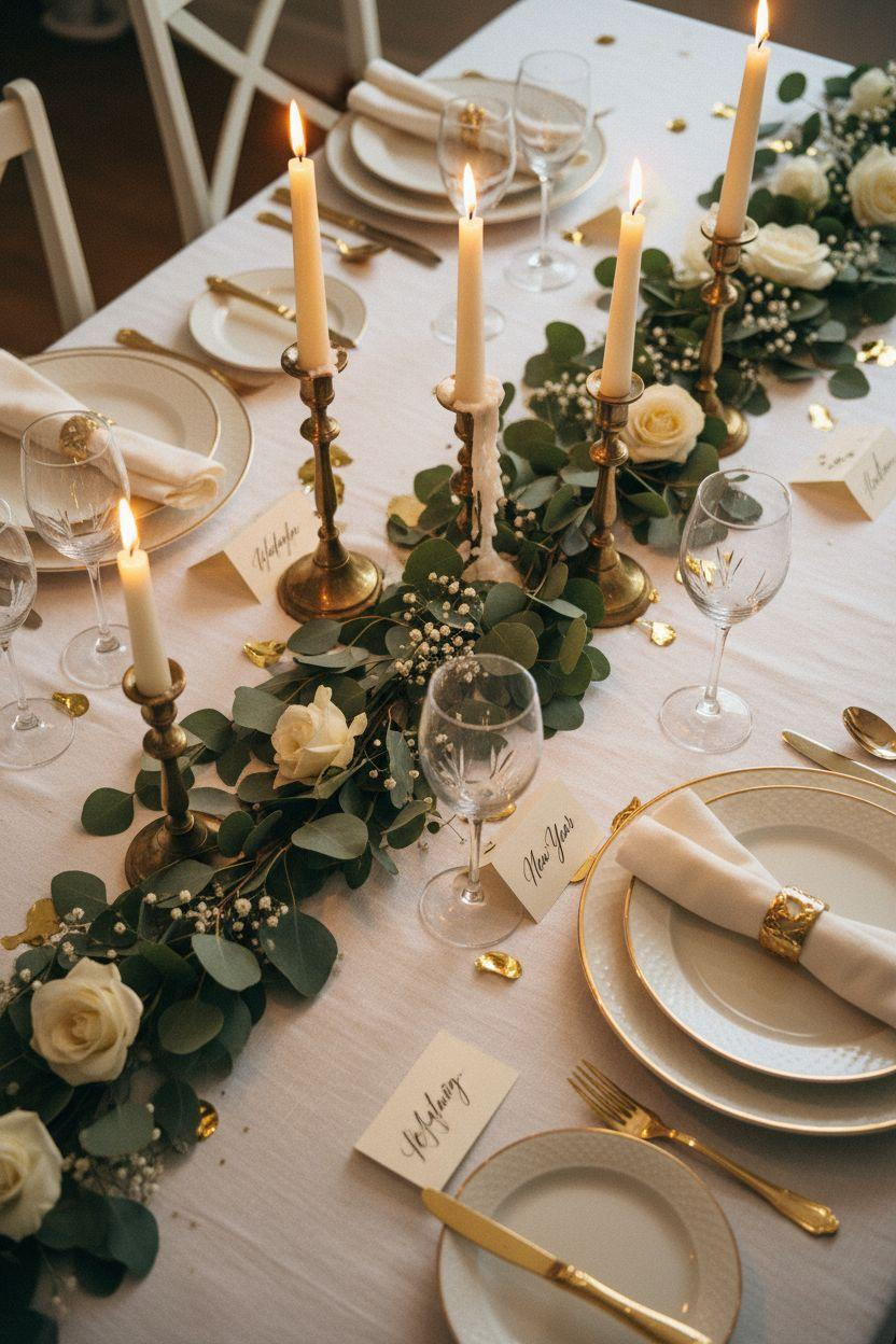 New Year table decoration with white linens and brass candles