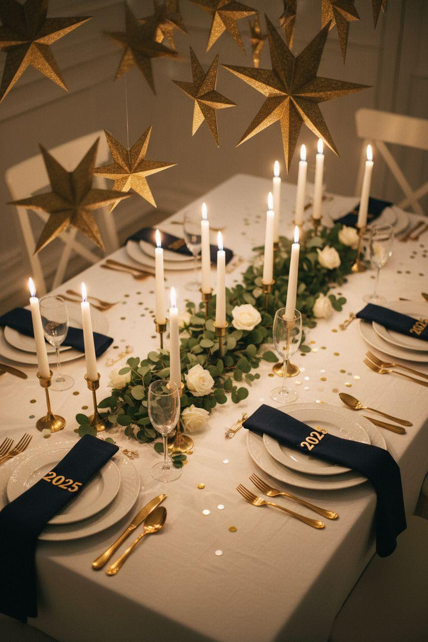 New Year table decoration with hanging gold stars