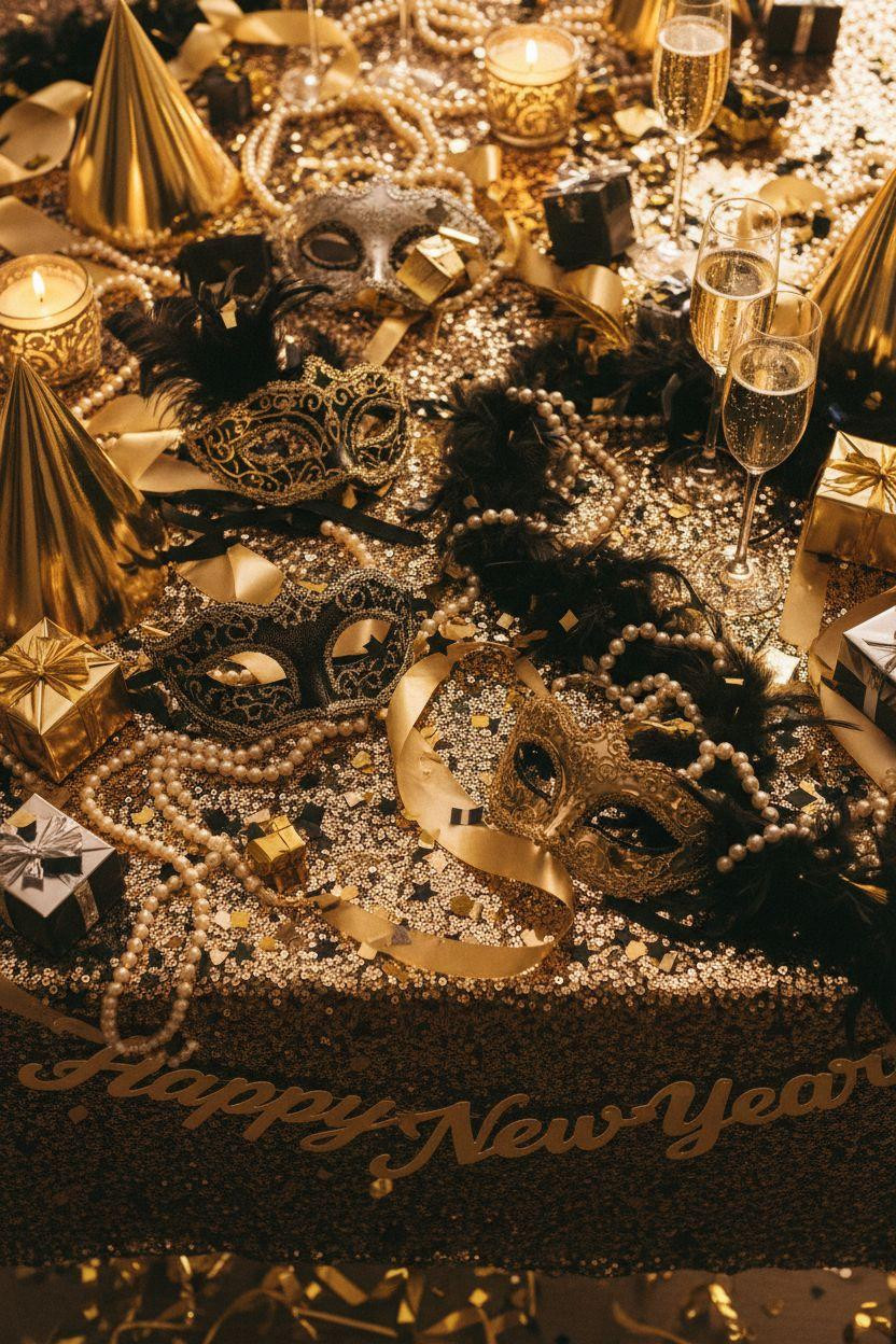 new year decorations ideas - masquerade masks with gold party hats