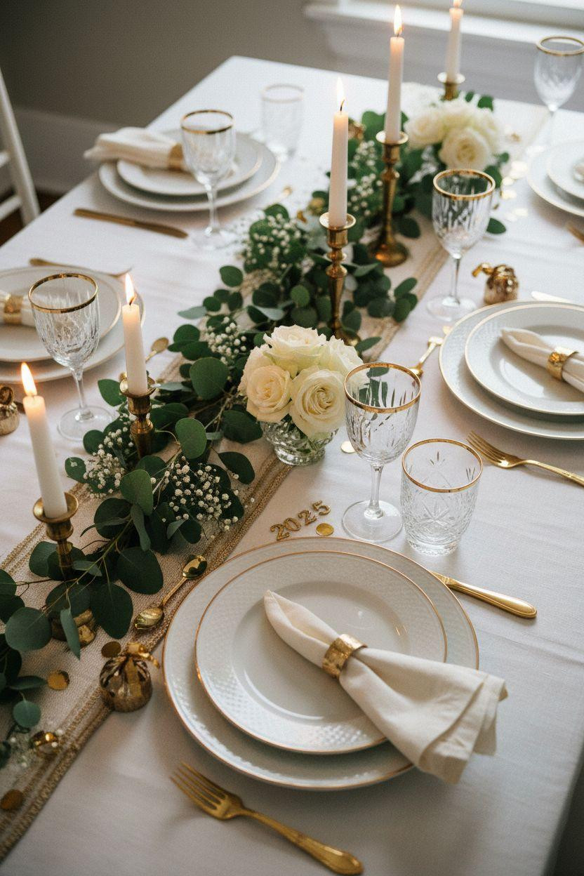 New Year table decoration with white and gold accents