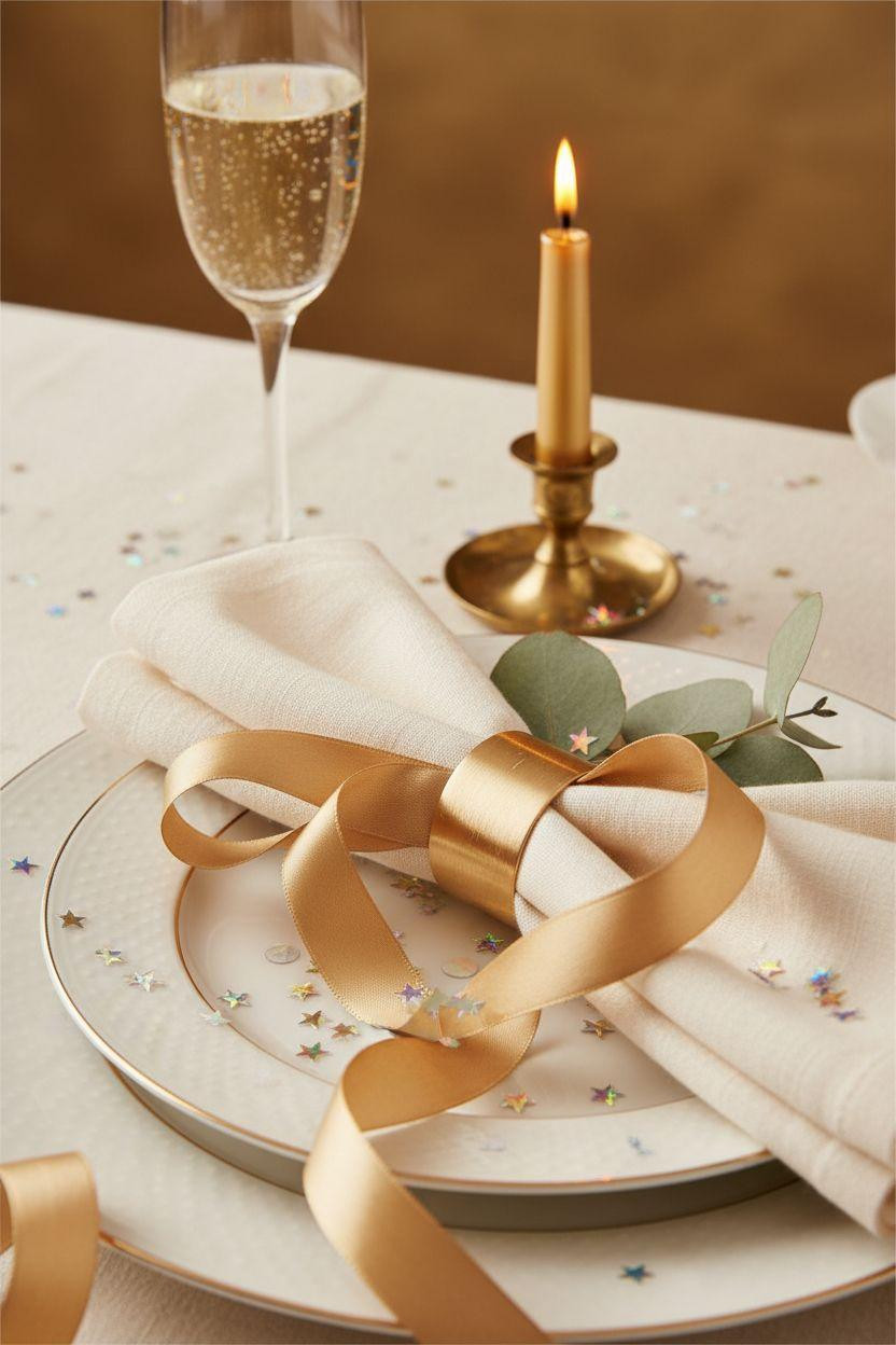 New Year table decoration napkin detail with ribbons