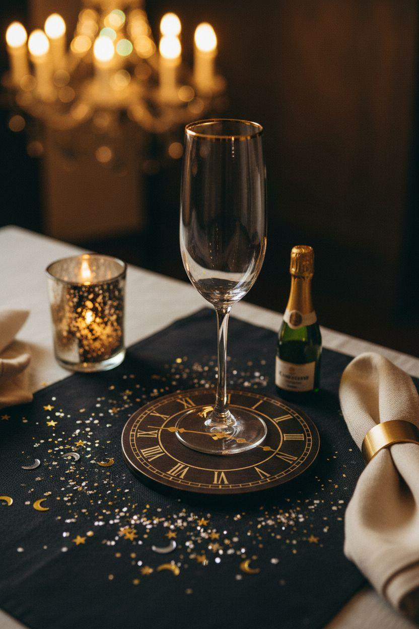 New Year table decoration with clock coasters detail