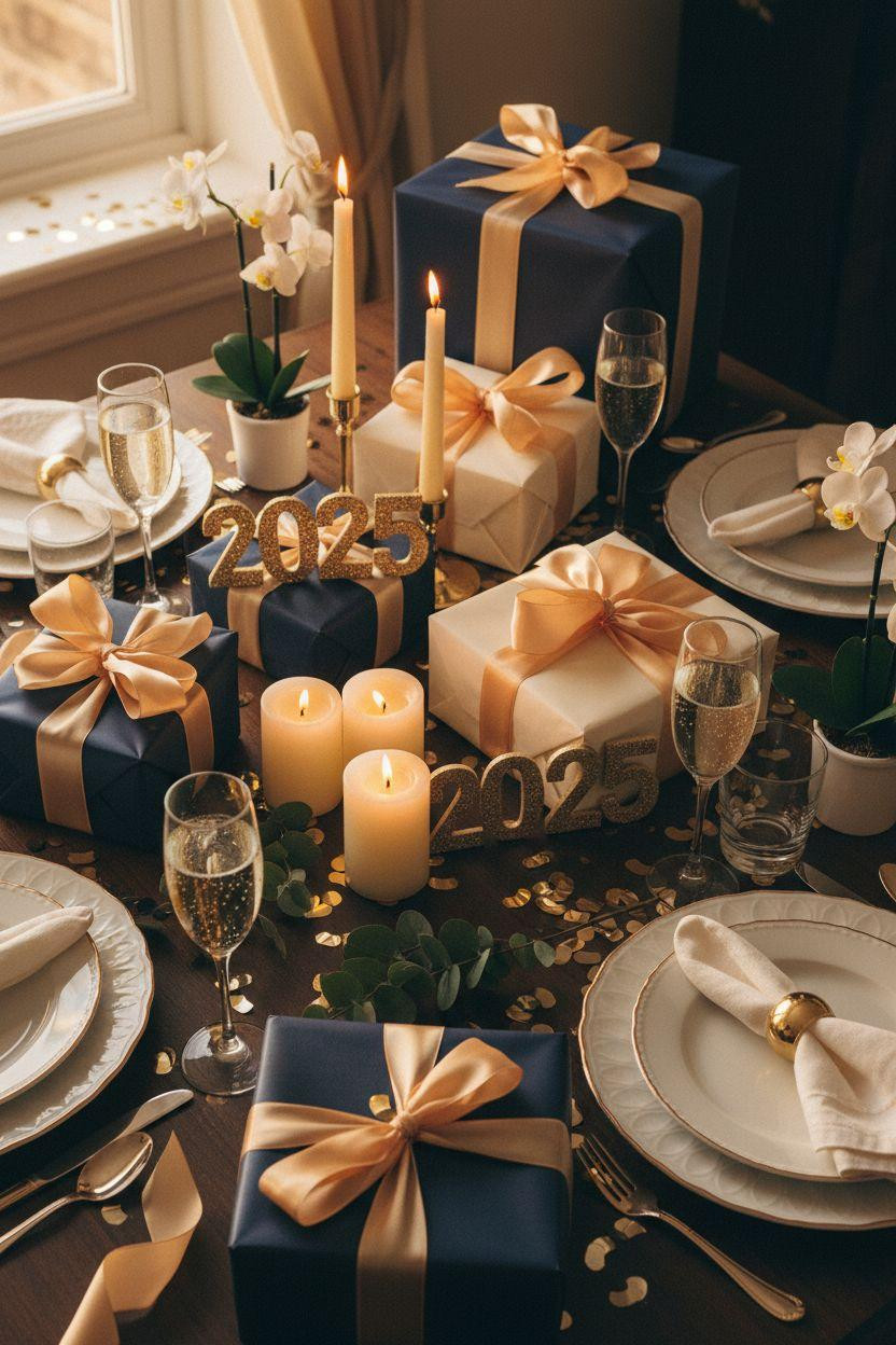 new year decorations ideas - wrapped gifts with gold ribbons and champagne