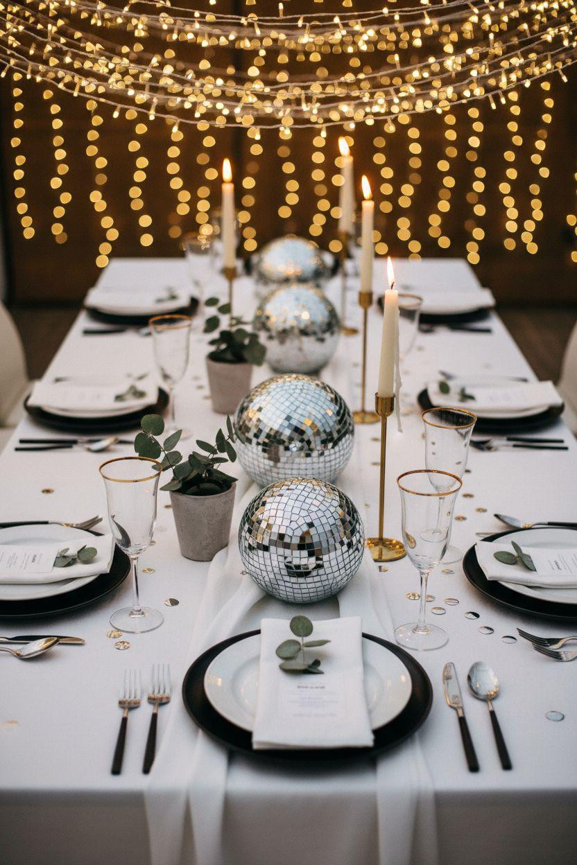 New Year table decoration with disco ball decor