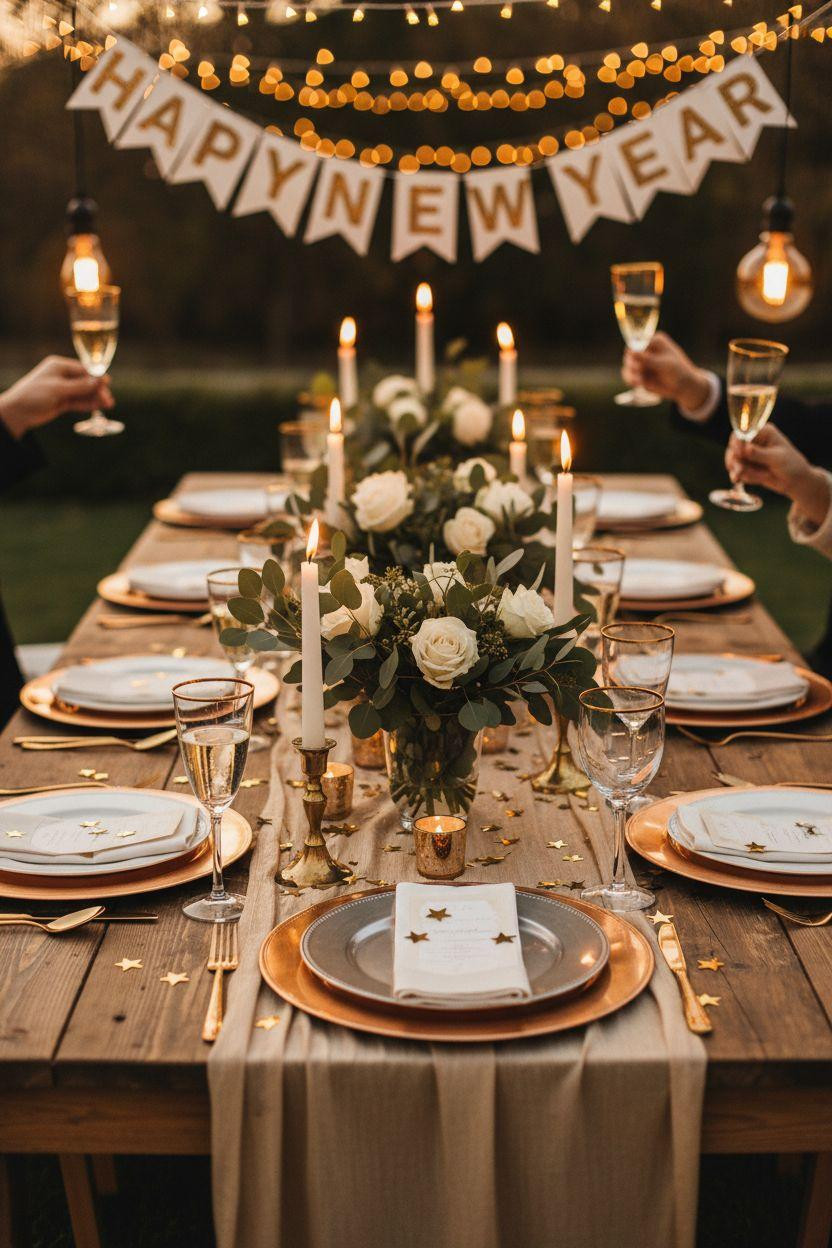 new year decorations ideas - outdoor table with string lights and gold runner