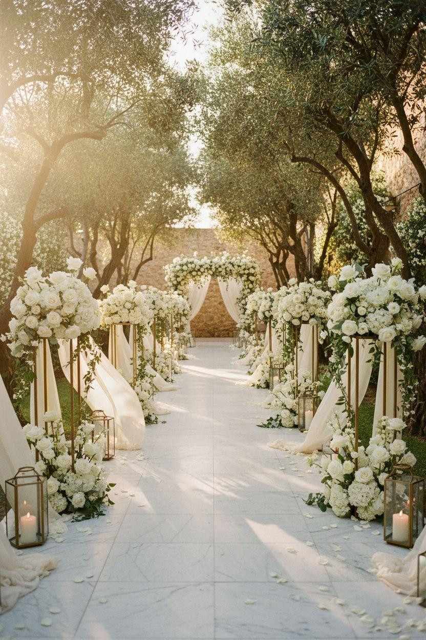 Wedding Walkway - white marble pavers with tall brass geometric arrangements