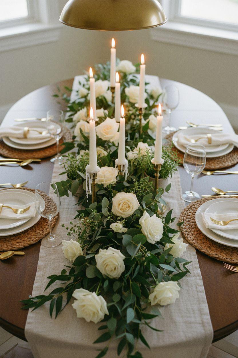 Dining room table centerpiece ideas with elegant floral runner for oval tables