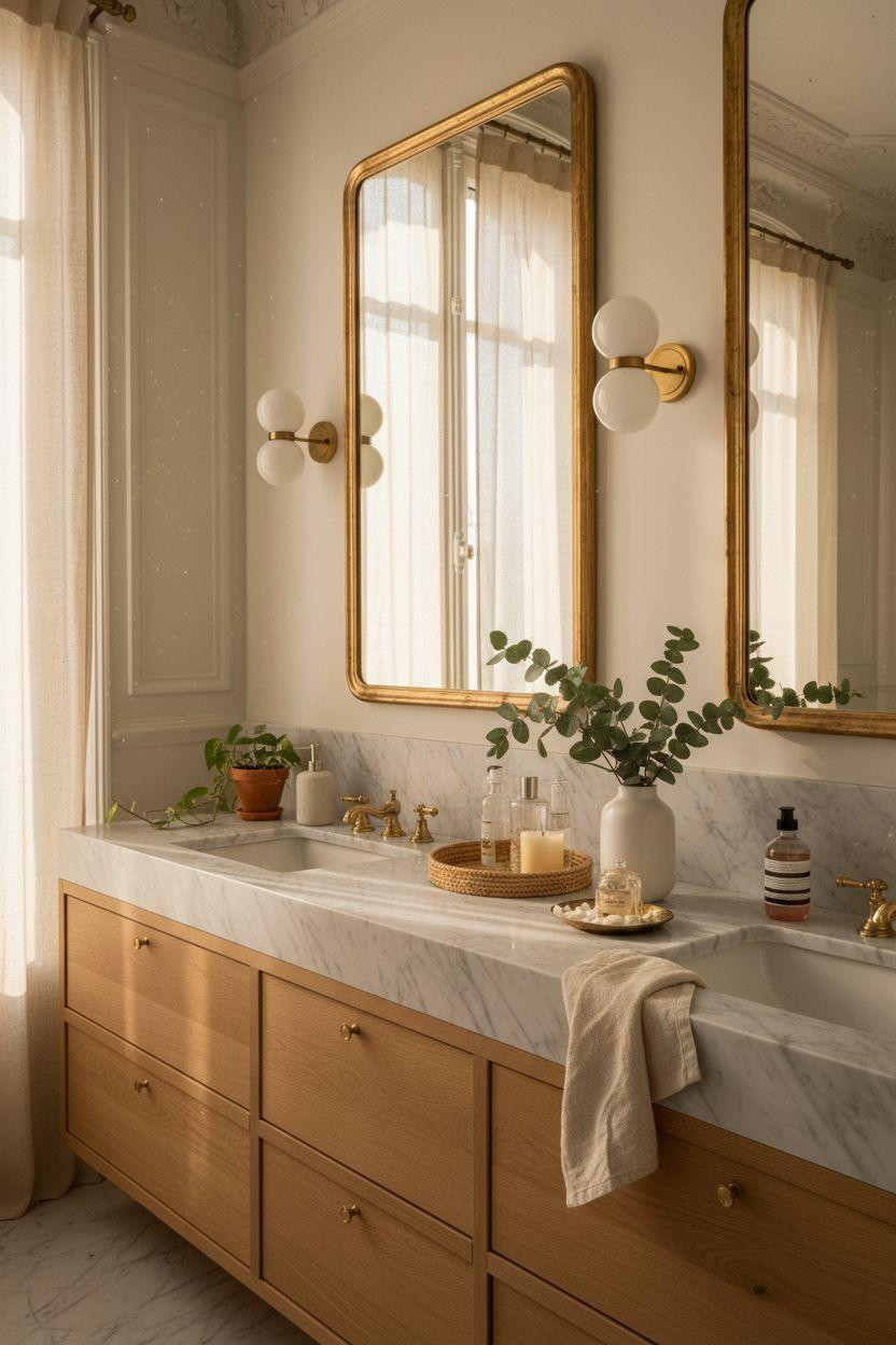 Bathroom Vanity Ideas - Parisian vanity with vintage brass mirror