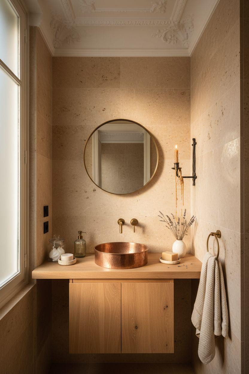 Powder Room Ideas - travertine walls with floating shelves