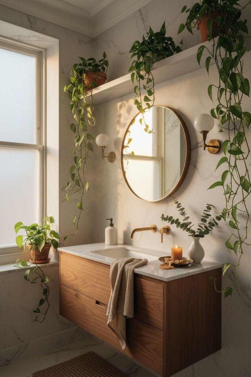 Powder Room Ideas - marble walls with trailing plants