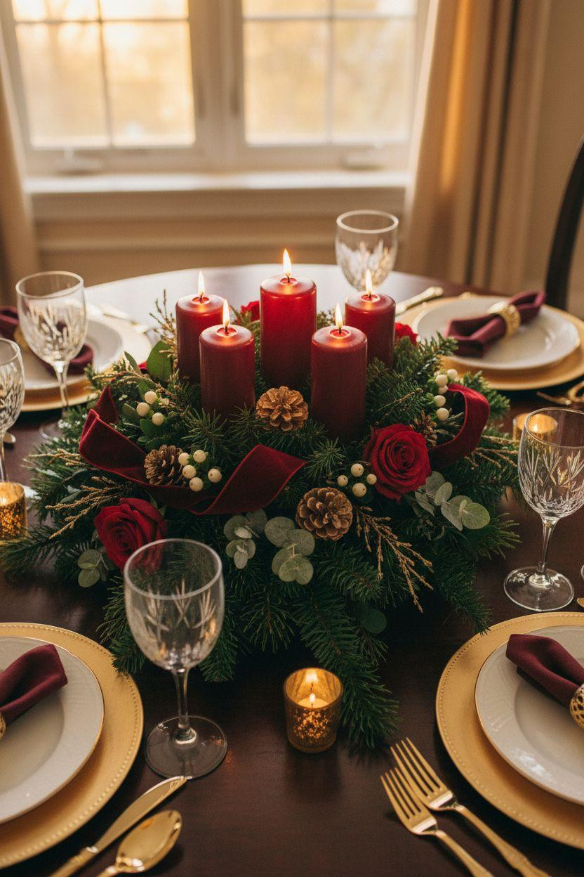 Holiday centerpieces for tables with burgundy and gold color scheme
