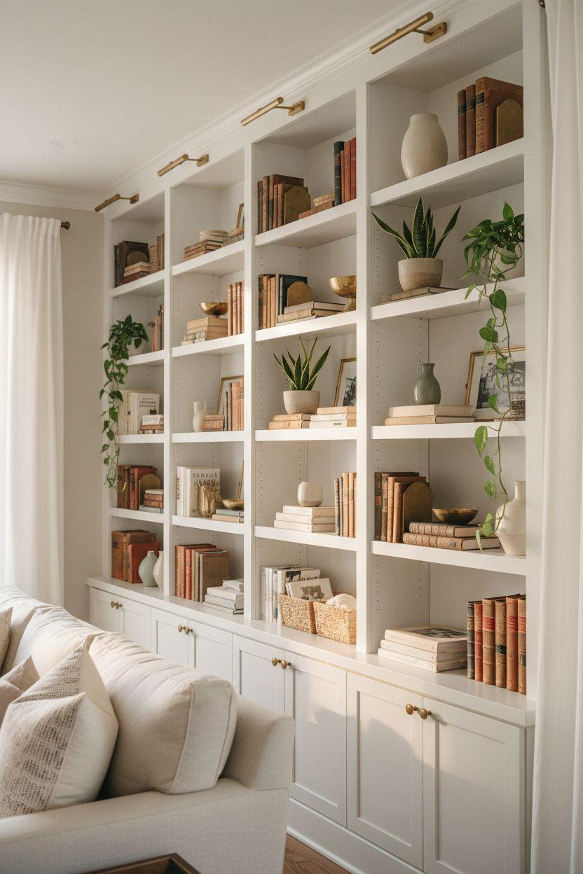 Bookshelf living room with elegant white shelves and brass hardware