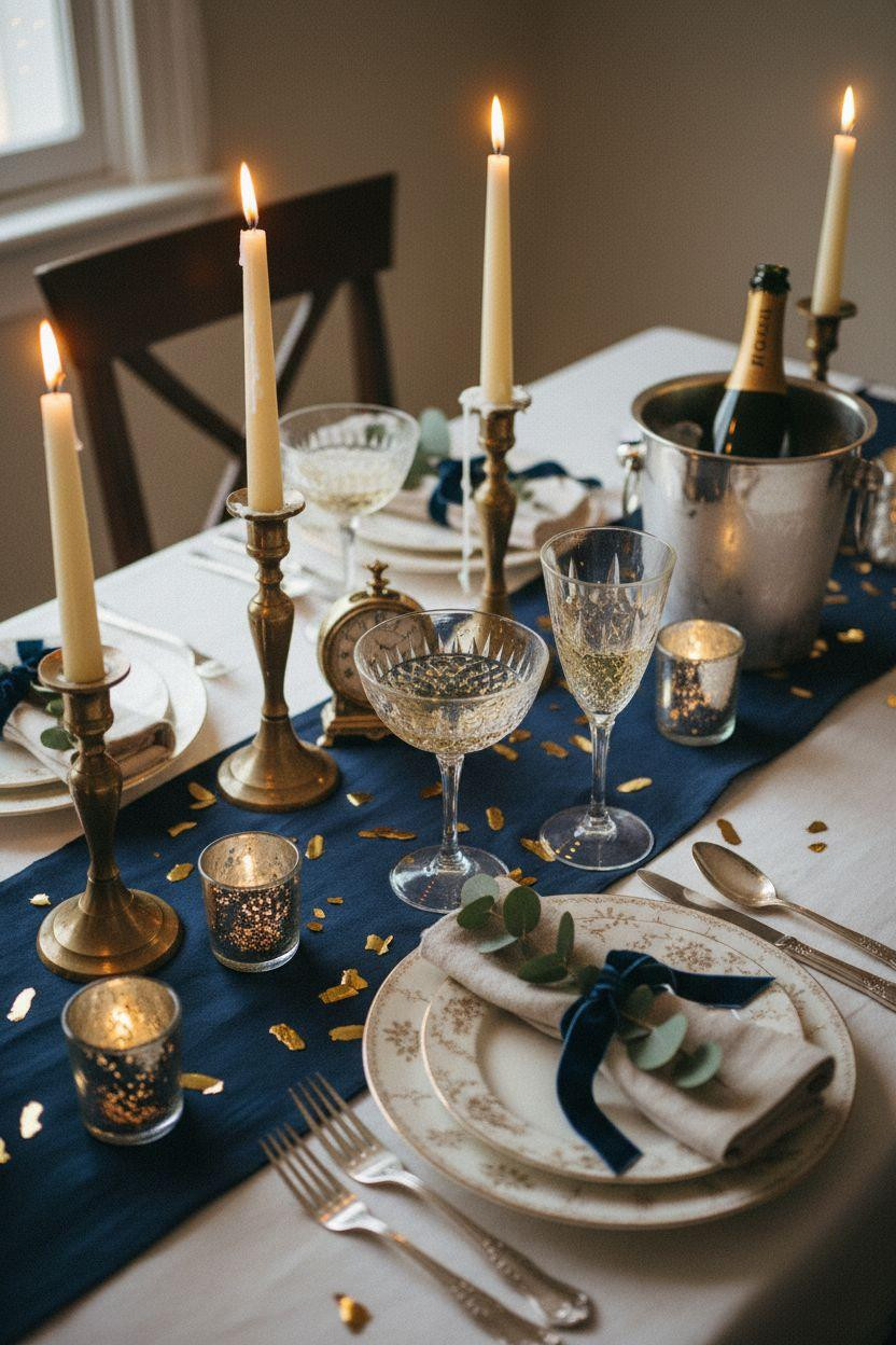 New Year table decoration with vintage crystal glasses