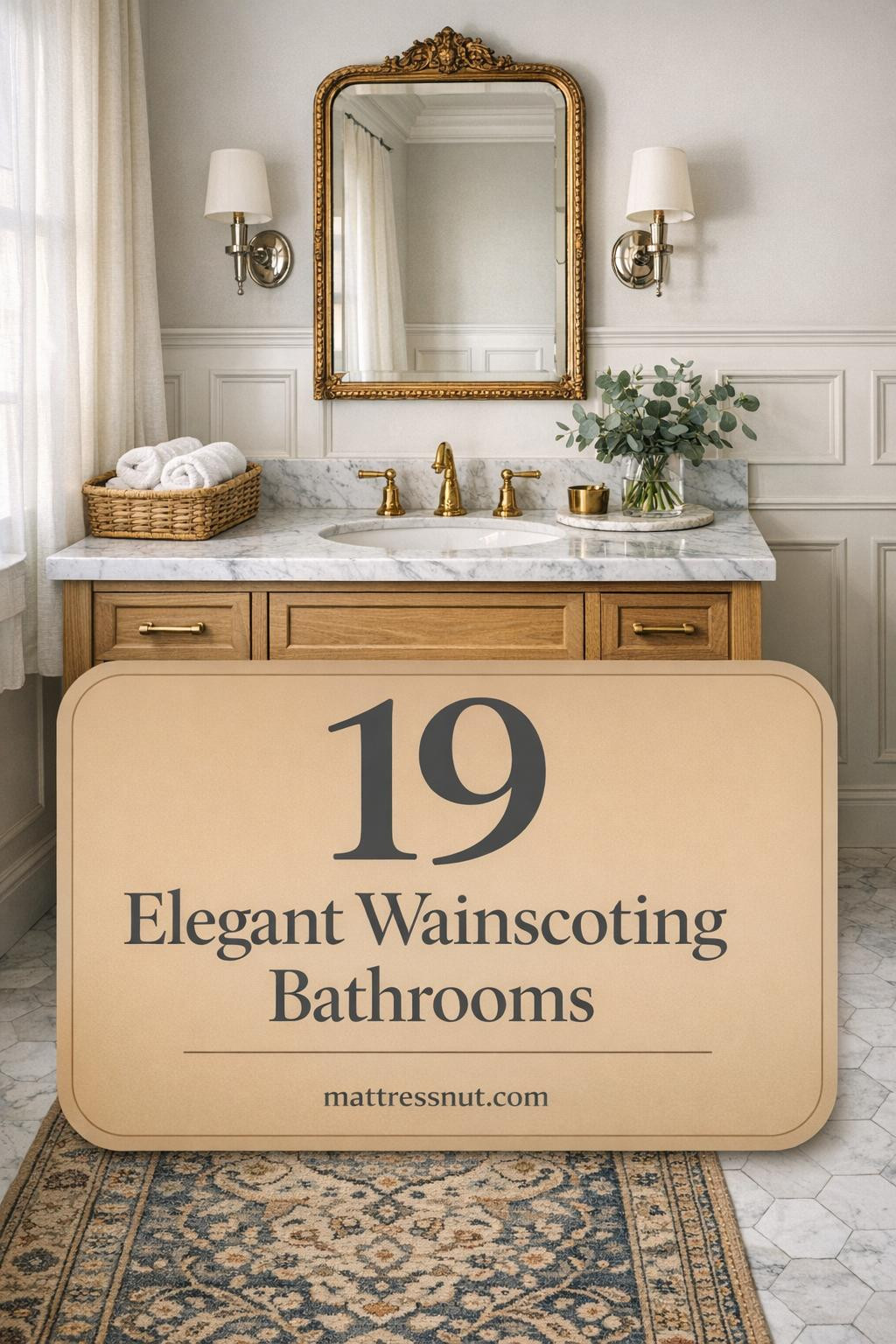 Elegant bathroom interior featuring floor-to-ceiling white wainscoting, honed Carrara marble countertop, freestanding oak vanity, unlacquered brass faucet, and soft morning light through sheer curtains on hexagon tile floor.