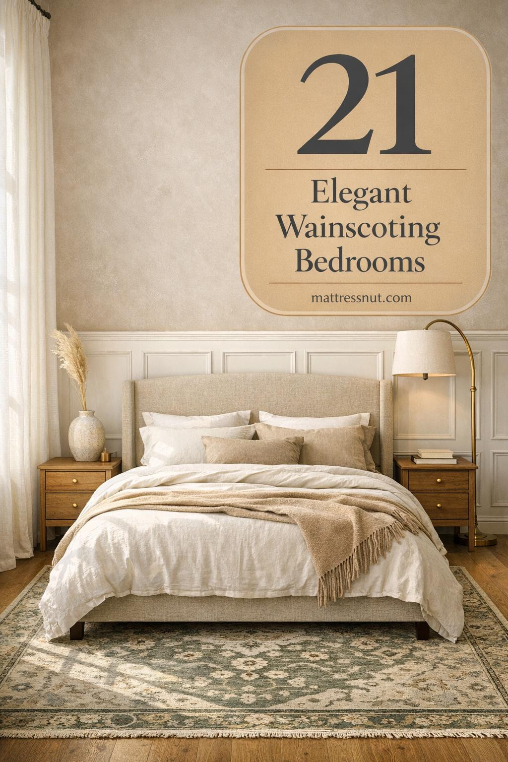 Elegant bedroom featuring white wainscoting panels in warm dove white, soft greige plaster walls, upholstered linen headboard, layered ivory bedding with cashmere throw, oak nightstands with brass pulls, and arched brass lamp casting warm glow amid neutral palette.