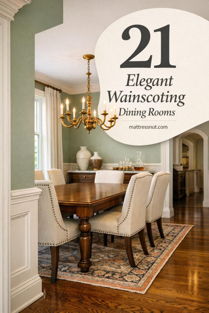 Sophisticated traditional dining room with raised panel wainscoting in warm ivory, sage green walls, walnut table with turned legs, cream upholstered chairs, brass chandelier, Carrara marble sideboard, linen drapery, and Persian runner. Overlay: 21 Elegant Wainscoting Dining Rooms.