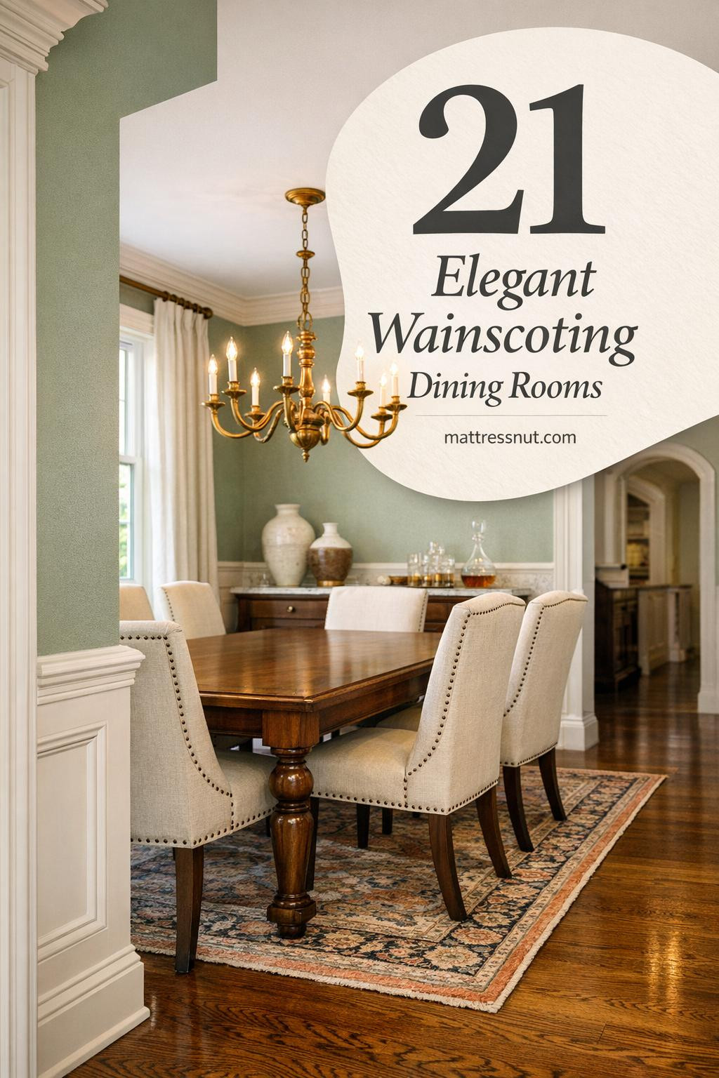 Sophisticated traditional dining room with raised panel wainscoting in warm ivory, sage green walls, walnut table with turned legs, cream upholstered chairs, brass chandelier, Carrara marble sideboard, linen drapery, and Persian runner. Overlay: 21 Elegant Wainscoting Dining Rooms.
