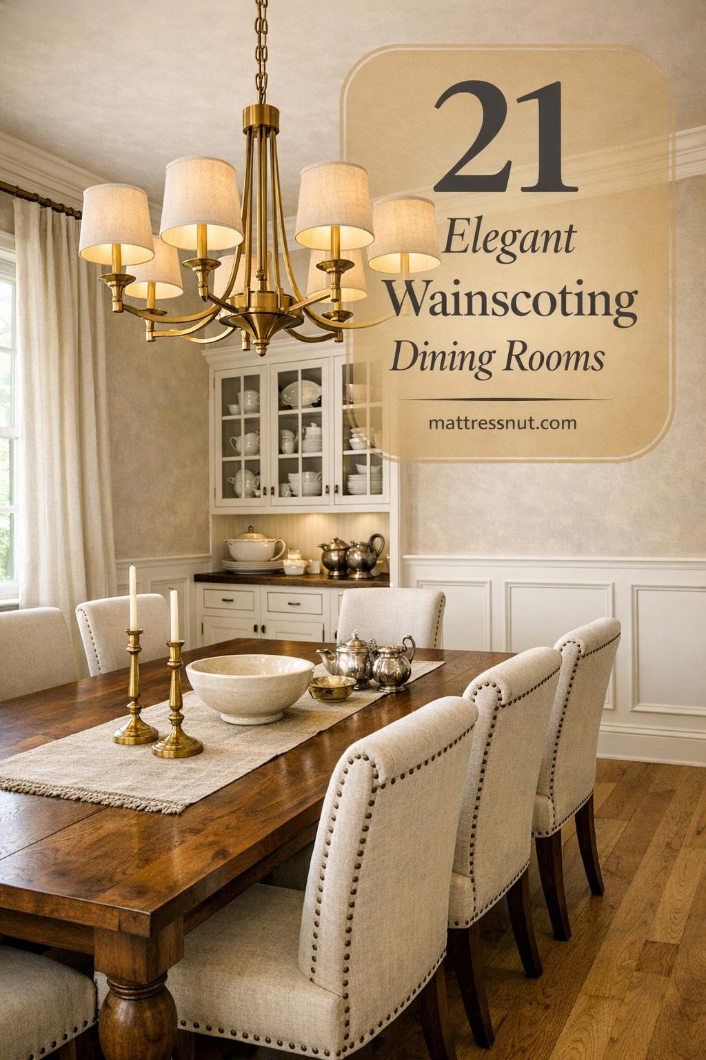 Sophisticated formal dining room featuring classic raised panel wainscoting in warm white paint up to 36 inches, topped by chair rail, with greige upper walls. Centered walnut table with cream linen chairs, brass chandelier, built-in hutch, oak floors, and styled surface with linen runner, ceramic bowl, brass candlesticks.